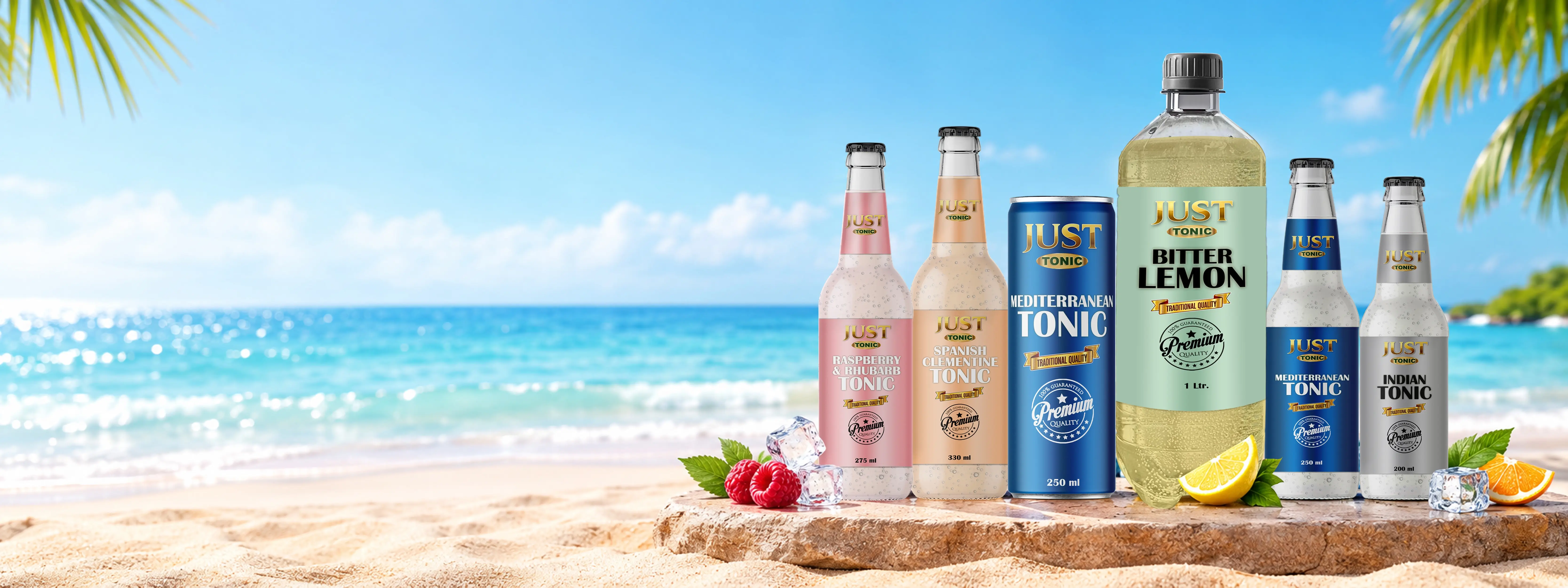 JUST Tonic range featuring Raspberry and Rhubarb, Spanish Clementine, Mediterranean, Bitter Lemon, and Indian Tonic in assorted bottle and can sizes on a tropical beach.